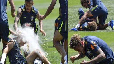 La Selección de Brasil realizó este martes su primer entrenamiento en Rusia y se vivió un ambiente espectacular en tierras mundialista. En la práctica se dieron hasta ataque con huevos.FOTOS AFP.