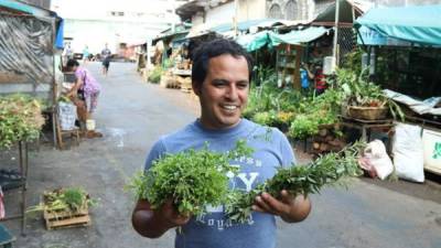 Javier Torres exhibe los 'yuyos', hierbas medicinales ofertadas en el Paseo de los Yuyos en el Mercado 4 este 29 de diciembre de 2017, en Asunción, Paraguay. EFE