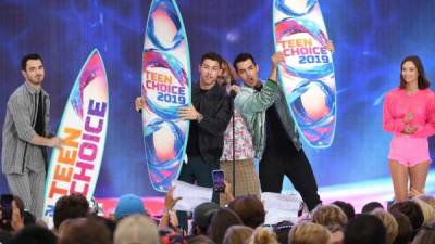 Kevin Jonas, Nick Jonas y Joe Jonas de los Jonas Brothers. Foto: AFP