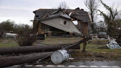 COOKEVILLE, TN - MARCH 03: A home is shown destroyed by high winds from one of several tornadoes that tore through the state overnight on March 3, 2020 in Cookeville, Tennessee. At least eight people were killed and scores more injured in the storms that caused severe damage in downtown Nashville. Brett Carlsen/Getty Images/AFP== FOR NEWSPAPERS, INTERNET, TELCOS & TELEVISION USE ONLY ==