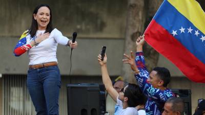 La líder opositora, María Corina Machado, durante una manifestación este jueves en Caracas.