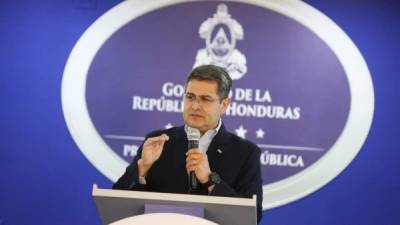 El presidente hondureño Juan Orlando Hernández Alvarado durante su comparecencia de prensa en Tegucigalpa, capital de Honduras.