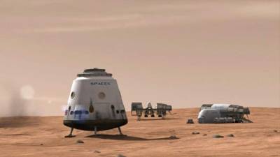 Representación artística de una cápsula de SpaceX posada sobre la superficie marciana.