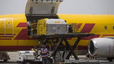 Employees unload shipping containers with 228,150 doses of the Pfizer-BioNTech vaccine against COVID-19, upon arrival at Las Americas Airport in Santo Domingo on June 11, 2021. - Dominican Republic's health authorities announced that from tomorrow minors from the age of 12, can go to 13 vaccination centers to receive their first dose of the Pfizer-BioNTech vaccine against the coronavirus. (Photo by Erika SANTELICES / AFP)