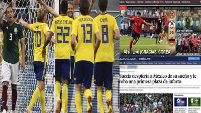 México, que sumaba dos victorias electrizantes ante alemanes y surcoreanos y tenía casi el pase asegurado, cayó 3-0 ante Suecia este miércoles en Ekaterimburgo, pero terminó pasando a octavos del Mundial-2018 casi de milagro, como segundo del Grupo F, gracias a la victoria increíble por 2-0 de Corea del Sur sobre el campeón mundial Alemania, eliminado de Rusia-2018. Mira lo que dice la prensa mexicana e internacional de la goleada encajada por los aztecas.