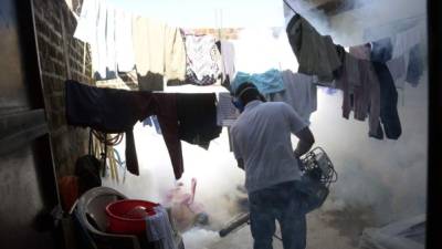 Un empleado del ministerio de Salud participa en un operativo de fumigación en Soyapango, El Salvador.