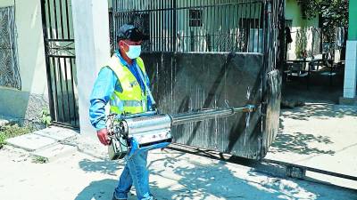 Empleados municipales fumigan una colonia en la 27 calle de San Pedro Sula.