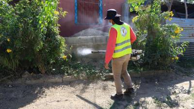 Un empleado de la municipalidad de San Pedro Sula fumiga la entrada de una vivienda para prevenir el dengue.