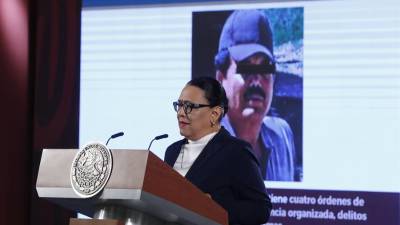 La secretaria de Seguridad y Protección Ciudadana (SSPC), Rosa Icela Rodríguez, habla durante la rueda de prensa matutina del presidente de México, Andrés Manuel López Obrador, en Palacio Nacional.