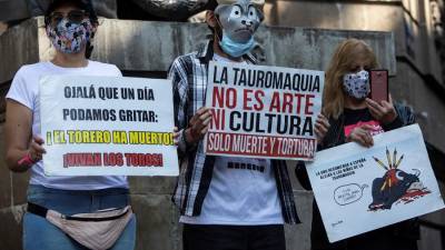 Un grupo de antitaurinos protestando este martes en las escalinatas del Congreso de Ciudad de México.