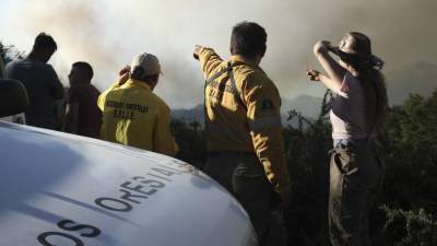 Guardias forestales revisan el área de un incendio desde la Ruta 40, en Paraje Villegas, provincia de Río Negro, en el sur de Argentina.