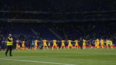 Jugadores del FC Barcelona celebrando la conquista de la Liga de España.
