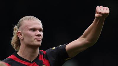 Erling Haaland celebrando su gol marcado ante Fulham el domingo en la victoria 2- del Manchester City.