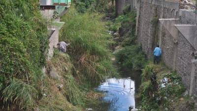 Dos trabajadores pretenden quitar maleza y retirar la basura en los alrededores de un río en Siguatepeque.