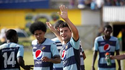 El uruguayo Maximiliano Lombardi celebra el primer gol del Motagua.