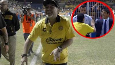 Diego Maradona fue el gran protagonista del triunfo de su equipo Dorados de Sinaloa (1-0) contra San Luis en el primer partido de la final de la Liga de Ascenso de México.