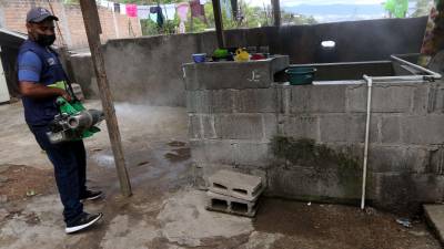 Un hombre fumiga una casa en un barrio de San Pedro Sula.