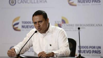 El canciller de Guatemala, Carlos Raúl Morales, habla durante una conferencia de prensa hoy, viernes 28 de octubre de 2016, dentro de las actividades de la XXV Cumbre Iberoamericana en Cartagena, Colombia. EFE.