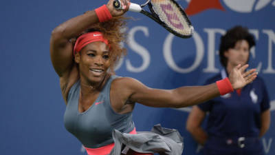 NEW YORK, NEW YORK - SEPTEMBER 09: Serena Williams of the United States returns the ball during her Women's Singles quarterfinal match against Tsvetana Pironkova of Bulgaria on Day Ten of the 2020 US Open at the USTA Billie Jean King National Tennis Center on September 9, 2020 in the Queens borough of New York City. Al Bello/Getty Images/AFP