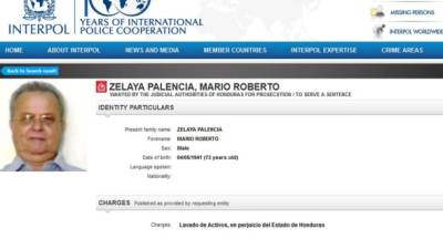 En el portal de Interpol se publica la alerta contra Mario Zelaya Palencia.