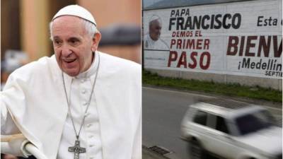 Pope Francis (C) officiates mass at the Enrique Olaya Herrera airport in Medellin, Colombia, on September 9, 2017.Pope Francis visits the Colombian city of Medellin, former stronghold of the late drug baron Pablo Escobar, on the fourth day of a papal tour to promote peace. / AFP PHOTO / Rodrigo ARANGUA