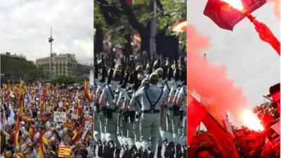 Decenas de miles de personas marcharon este jueves a favor de la unidad de España en Barcelona con motivo de la fiesta nacional, en plena crisis catalana, mientras que el desfile oficial en Madrid se vio teñido de luto por el accidente de un avión militar.