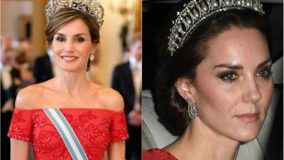 La reina Letizia de España y la duquesa de Cambridge protagonizaron un duelo de coronas durante el banquete de gala en honor a los reyes españoles realizado esta noche en el palacio de Buckingham.