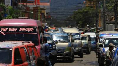 Buses y microbuses estacionados en una de las calles de la ciudad. Foto: Melvin Cubas.