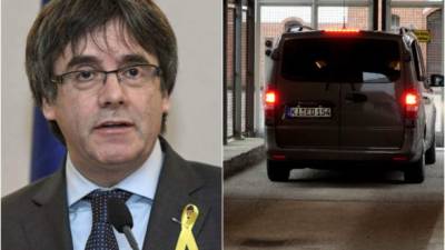 El ex presidente regional catalán Carles Puigdemont llegó en un minibús de la policía en el centro de detención de Neumuenster. Foto: AFP
