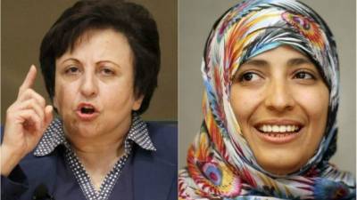 Las premio nobel de la Paz Shirin Ebadi (Irán) y Tawakkol Karman (Yemen).