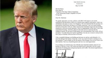 La Casa Blanca reveló la carta que Trump envió a Kim Jong-un para cancelar la cumbre del próximo 12 de junio en Singapur.