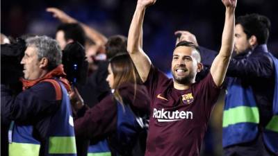Jordi Alba celebrando la obtención del título de la Liga Española del Barcelona. Foto AFP