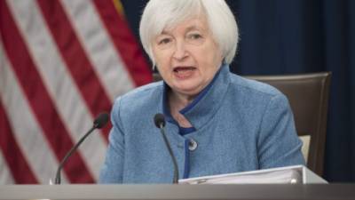 La presidenta de la Reserva Federal, Janet Yellen, tras el anuncio del incremento de tasas.