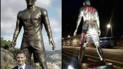 La estatua de Cristiano Ronaldo, pintada con el nombre y el dorsal de Messi.