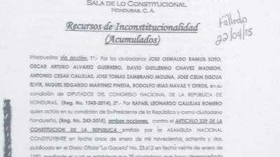 Primera página de la resolución sobre los recursos de inconstitucionalidad referentes a la reelección en Honduras.
