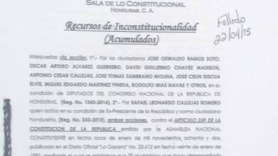 Primera página de la resolución sobre los recursos de inconstitucionalidad referentes a la reelección en Honduras.