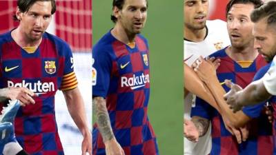 El Barcelona cedió un amargo empate de 0-0 ante Sevilla y puso en peligro el liderato de España. Lionel Messi como pocas veces perdió la cabeza al extemo de agredir a un rival. Fotos AFP, EFE y Barcelona.