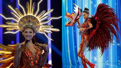 En la izquierda, Miss Universe El Salvador, Isabella García-Manzo, representó a un volcán. A la derecha, Miss Universe Venezuela, Diana Silva, quien también cautivó en la gala de traje típico.