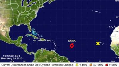La tormenta tropical Erika, la quinta de la temporada de huracanes en la cuenca atlántica, amenaza las islas de Sotavento (Antillas Menores) en su rápido avance hacia aguas del Caribe, informó hoy el Centro Nacional de Huracanes (CNH) de EEUU.