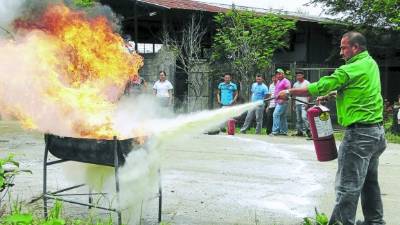 Personal de la empresa Baprosa cuando ponía en práctica los conocimientos para evitar un incendio.