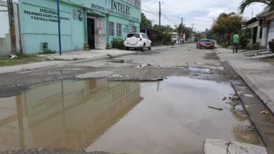 La gran cantidad de baches que acumulan agua en una de las calles de acceso a la Santa Clara.