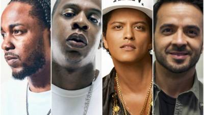 Jay Z y Kendrick Lamar y Bruno Mars, aparecen como los grandes favoritos. A ellos se une Luis Fonsi con su tema 'Despacito'.