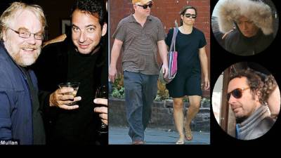 David Bar Katz junto a hilip Seymour Hoffman. En la otra imagen su exesposa Mimi O'Donnell.