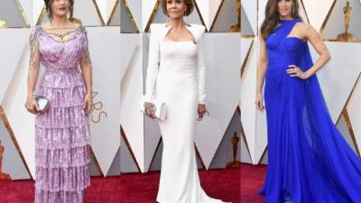 Fueron pocas las que usaron el pin de 'Time's Up' como la actriz Jane Fonda (c).// Foto AFP.