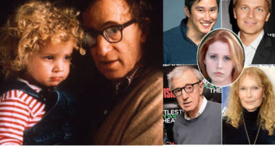 Una foto de archivo de Woody Allen con su hija Dylan Farrow, quien en una carta público dijo que su padre la violó. En la otra imagen salen los hijos de Woody Allen con Mia Farrow. El primero de la izquierda Moses y el de la derecha Ronan.
