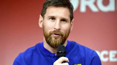 Lionel Messi habló en la presentación del nuevo patrocinador del Barcelona, Rakuten. Foto AFP