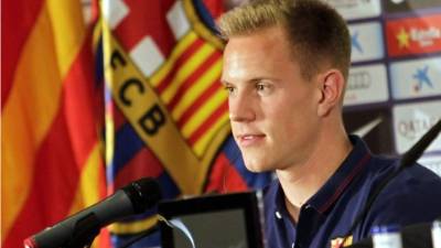 Ter Stegen en su primera conferencia de prensa con el Barcelona.