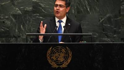 El presidente Juan Orlando Hernández en la sede de la ONU en Nueva York.