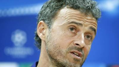 Luis Enrique durante la rueda de prensa que ofreció tras el entrenamiento realizado por la plantilla blaugrana .