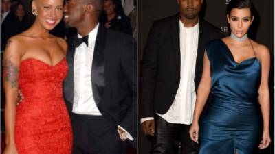 Kanye West en la primera foto con Amber Rose y ahora con su actual esposa Kim Kardashian.